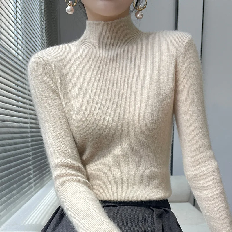 

Women's Sweater Autumn and Winter New Long Sleeve Mid Collar Sweater Pullover Half-High Collar Inner Match Slim Bot