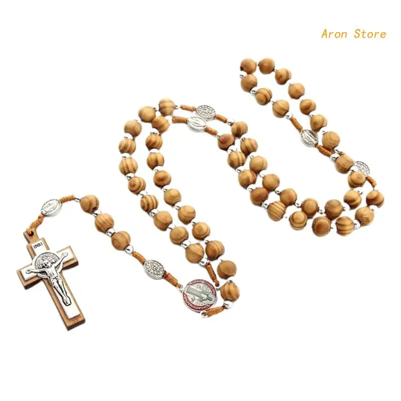 Handmade Wooden Rosary Necklace 10mm Round Beads Christ Jesus Pendant Chain Necklaces Religious Jewelry for Men catholic rosary necklace