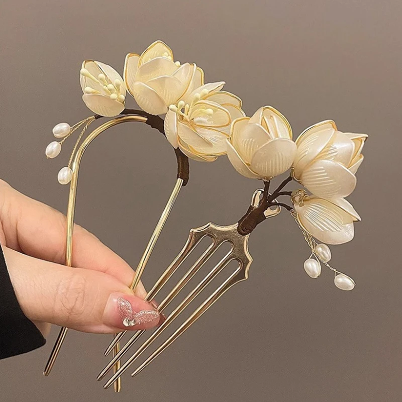 Elegante Vintage-Haarnadel aus Legierung, Magnolien-Design, Haarschmuck, Frisurverstärker, dekorative Kopfbedeckung, Haarkamm – Detail 1