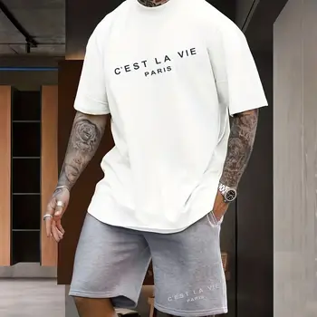 남성용 100% 코튼 반팔 티셔츠 및 반바지 세트, 여름