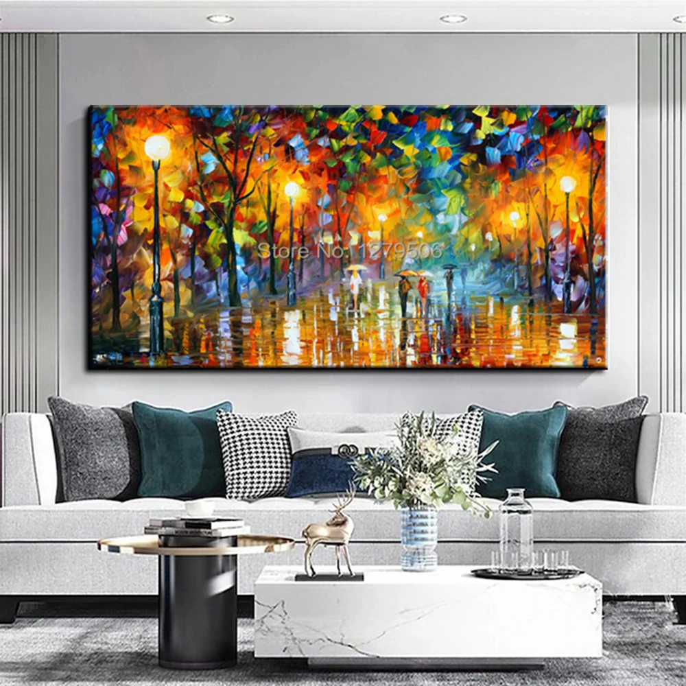

Ручная роспись, Современная дождливая ночь, городской пейзаж, палитра, нож, холст, картина маслом, пары, прогулочная Настенная картина, гостиная, домашний декор