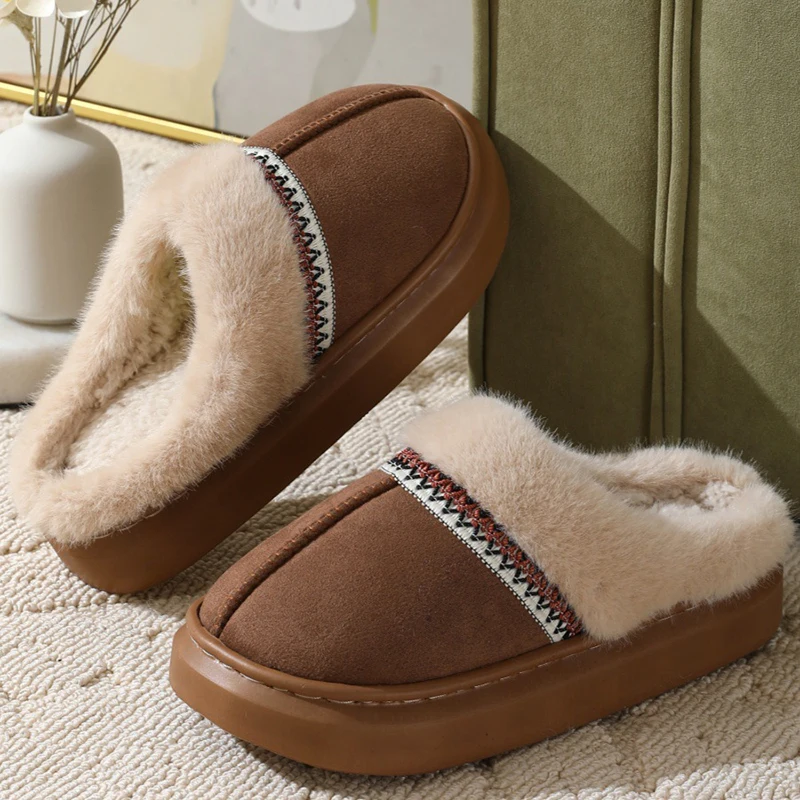 Vintage Thick Bottom Fluffy Slippers Women Winter Outdoor Thicken Plush Cotton Shoes Woman Comfort Non Slip Home Slippers Mujer