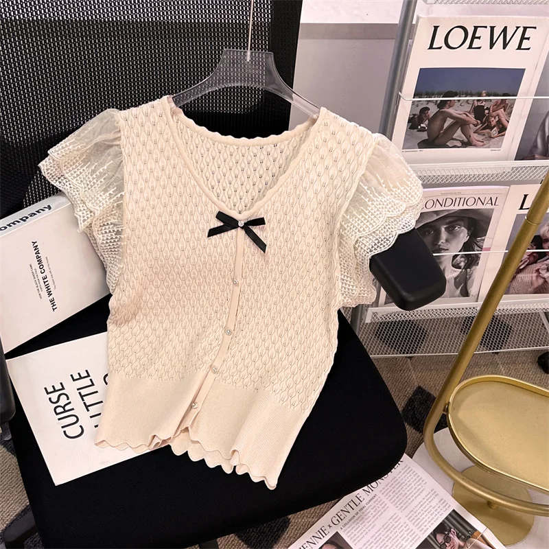 

Summer Ruffled Embroidery Knitted Pullovers T-shirt Women's V-Neck Hollow Bow Sweater Short Sleeve Knitwear Female Jumpers Tops