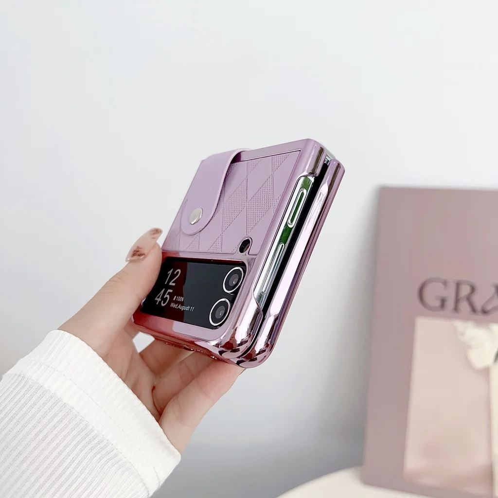 Leather Case for Samsung Galaxy Z Flip 3 4 5G Holder Shockproof Protective Cover with Camera Lens Protection Plating Frame