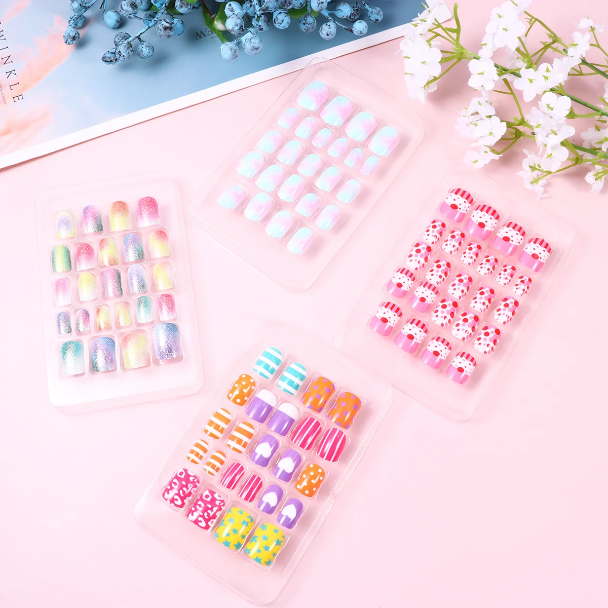 

Kids Press on Nails Full Cover Glitter Gradient Color Nails Kids Nails with Cake Pattern for Little Children Teens, 4 Boxes