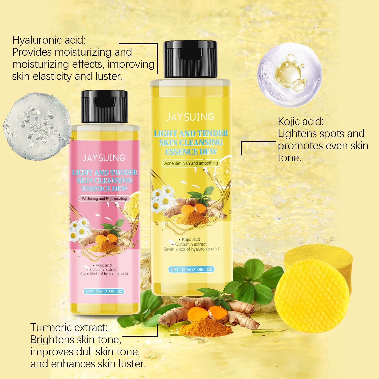JAYSUING Turmeric Face Wash Serum Kojic Acid Cleansing Pads Exfoliating Brightening Daily Cleansing Acne Treatment Face Care Kit 4