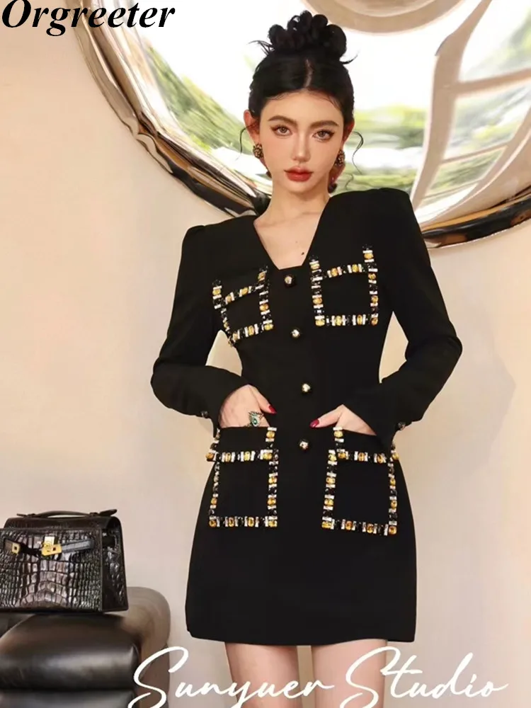 

Luxury Design Crystals Deco Black Mini Dresses For Women Spring Autumn Elegant V-neck Pockets Slim Short Vestidos Party Dress