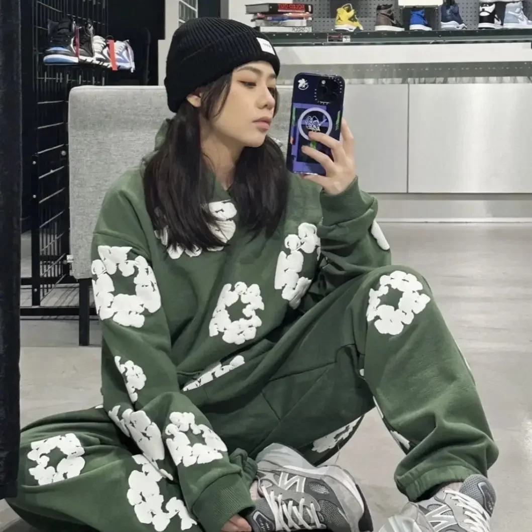 New Fashion Men's Women's Same Kapok Printing Street Style Loose Hooded Sweater with Trousers Set 3