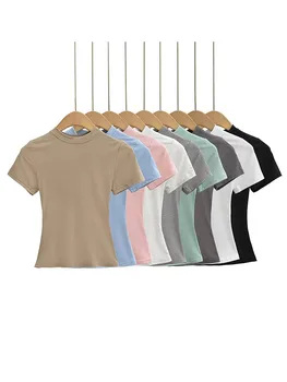 2025 New High Quality Casual T shirt Sexy Slim Short Sleeves Fashion Trend Solid Women Clothing y2k Tops 1