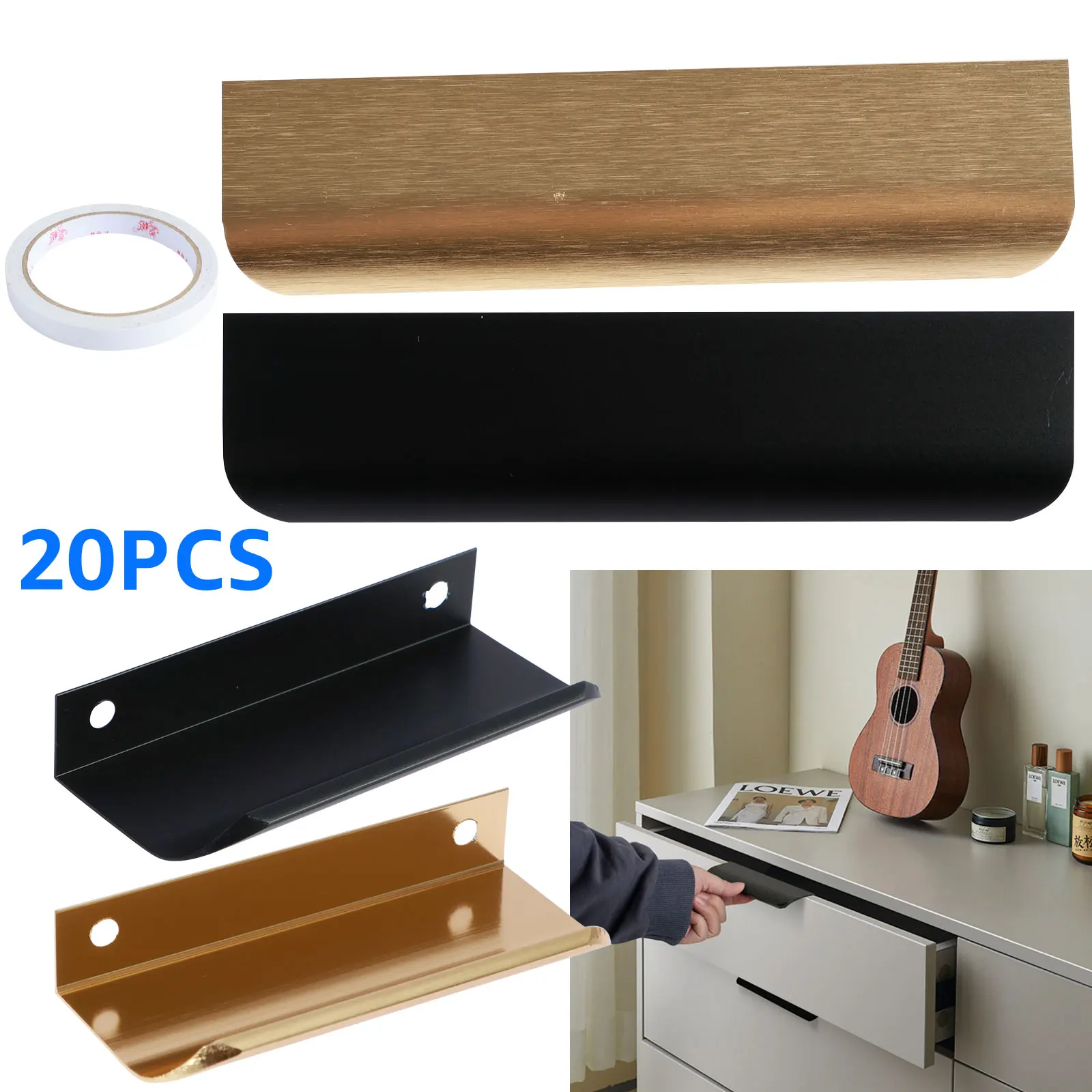 20/26Pcs Gold Black Hidden Handles Long Kitchen Cabinet Pulls Drawer Edge Finger Pulls Adhesive Non-punch Furniture