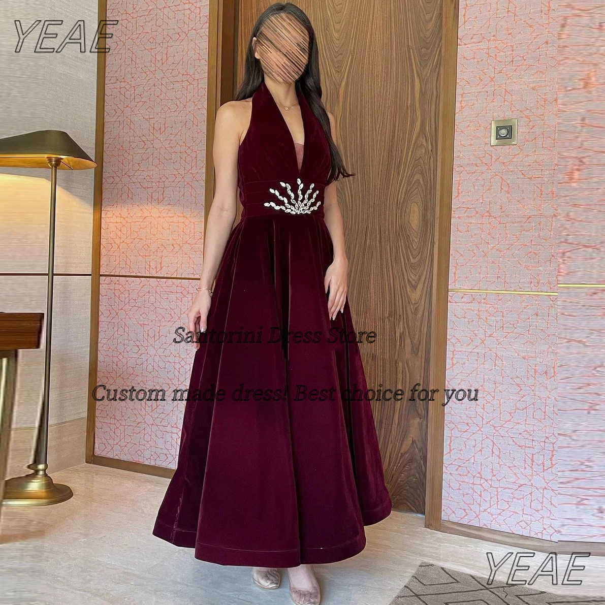 

Santorini Robes De Soirée Halter V Neck Crystals Sash Prom Party Dress Ruched Velour Burgundy Evening Formal Banquet Gowns