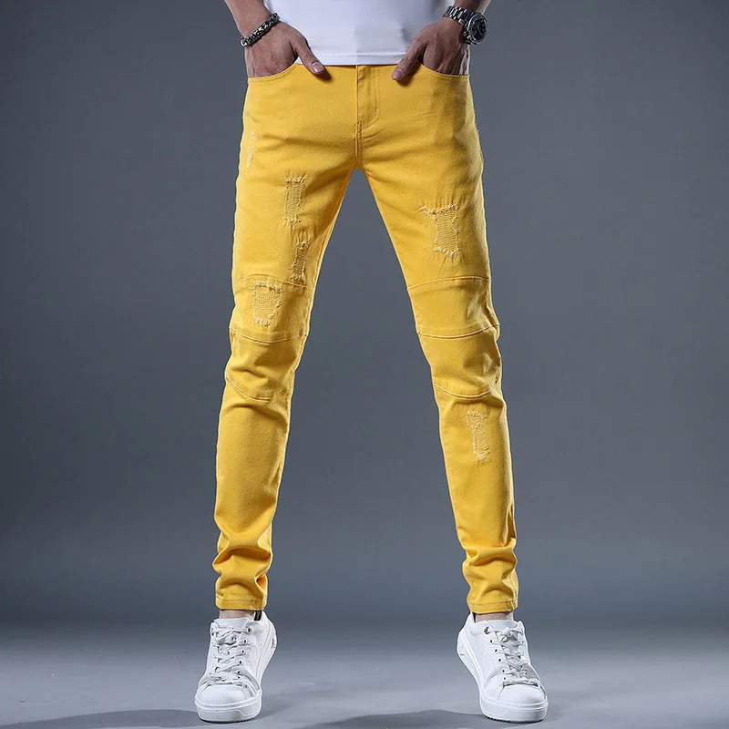 Men's Jeans New Yellow Red White Jeans Men Fashion Slim Fit Straight Pants Summer Streetwear Ripped Patch Denim Trousers