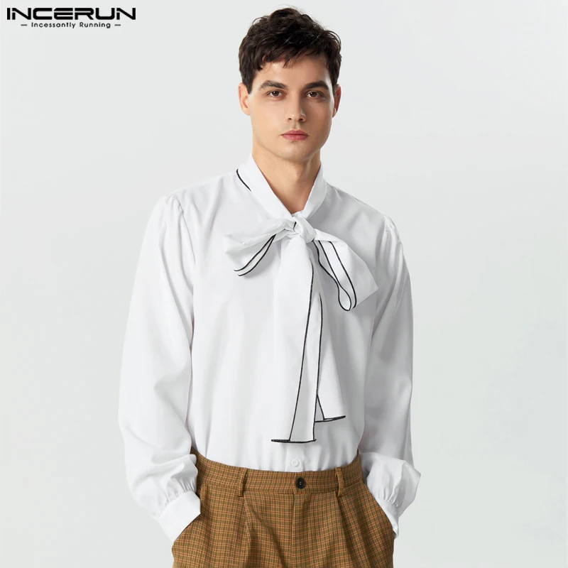 

INCERUN Tops 2023 American Style New Men's Bow Tight Edge Design Shirts Casual Fashionable Male Solid Long Sleeved Blouse S-5XL
