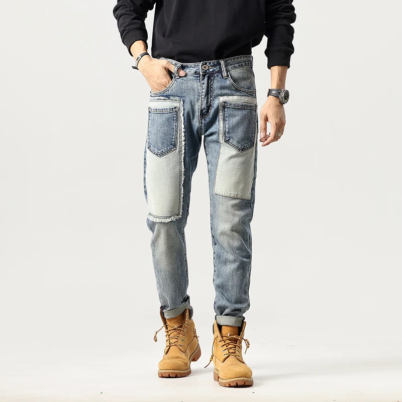 Free Shipping 2024 Men's Autumn And Winter New Straight Leg Patchwork Jeans With High-Quality Elastic Slim Fit Casual Pants
