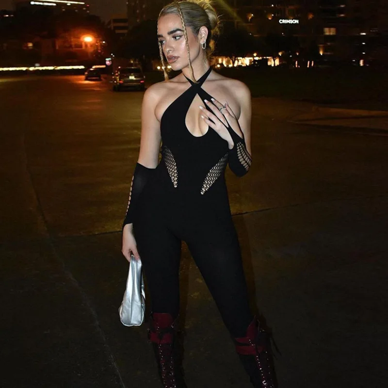 Summer New Women's Personality Design Sexy Hollowed Out Backless Tight Lace-Up  Black Hanging Neck Jumpsuit Pants