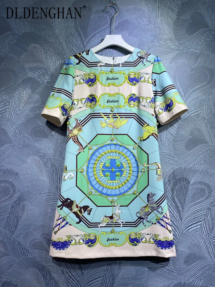 

DLDENGHAN Spring Summer Mini Dress Women O-Neck Short Sleeve Crystal Diamonds Beading Vintage Print Dresses Fashion Runway New