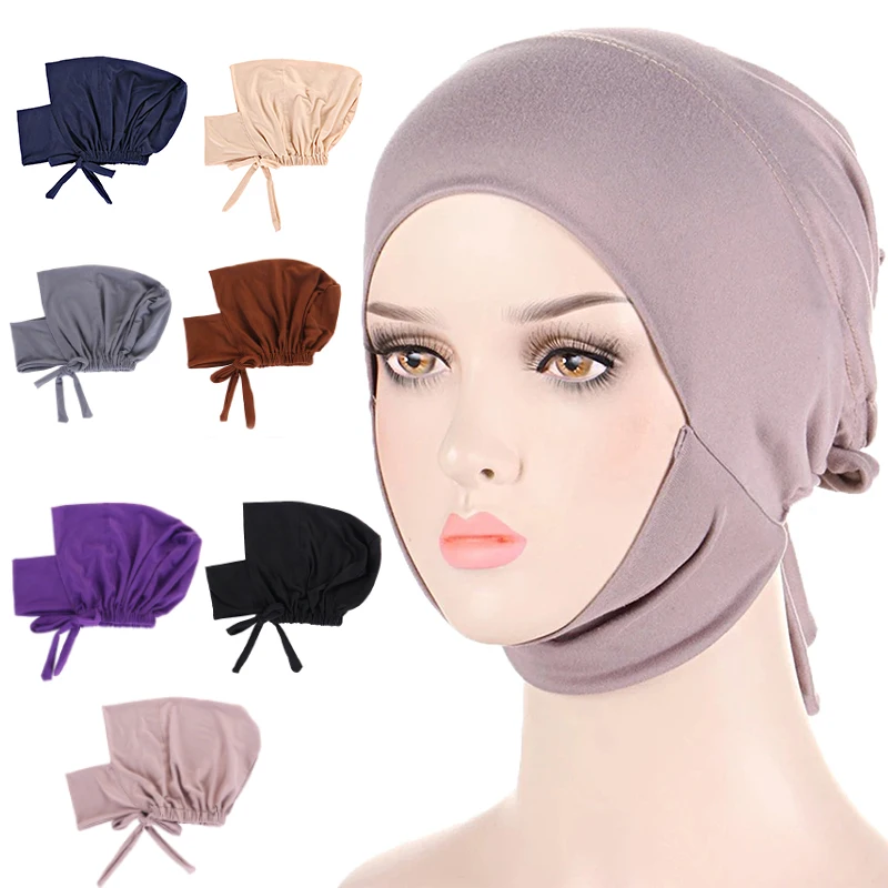 

Casual Inner Hijab Caps Muslim Stretch Tie Back Jersey Islamic Underscarf Bonnet Female Headscarf Headwrap Arab Turban Mujer