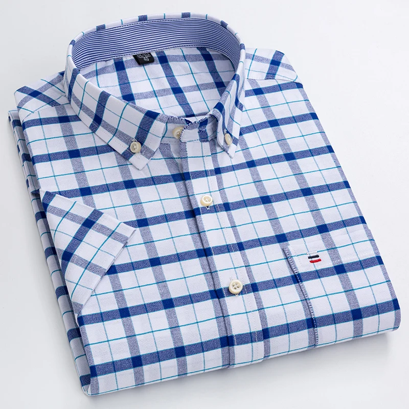 New in shirt Plus Size 7XL summer Short sleeve shirts for men 100%cotton striped plaid tops slim fit formal white office clothes 5