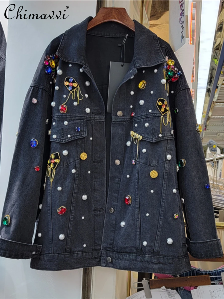 

European 2022 Autumn New Heavy Manual Colorful Crystals Chain 3D Decoration Black Women Denim Jacket Streetwear Long Sleeve Coat