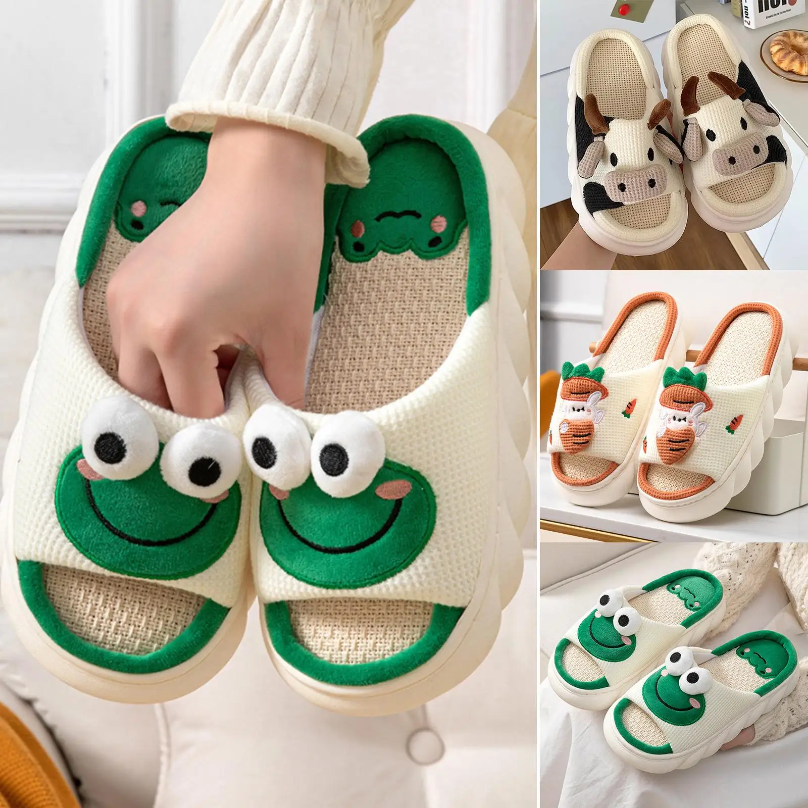 Cartoon Cute Frog Linen Slippers For Women 3.5cm Thicken Bottom Home