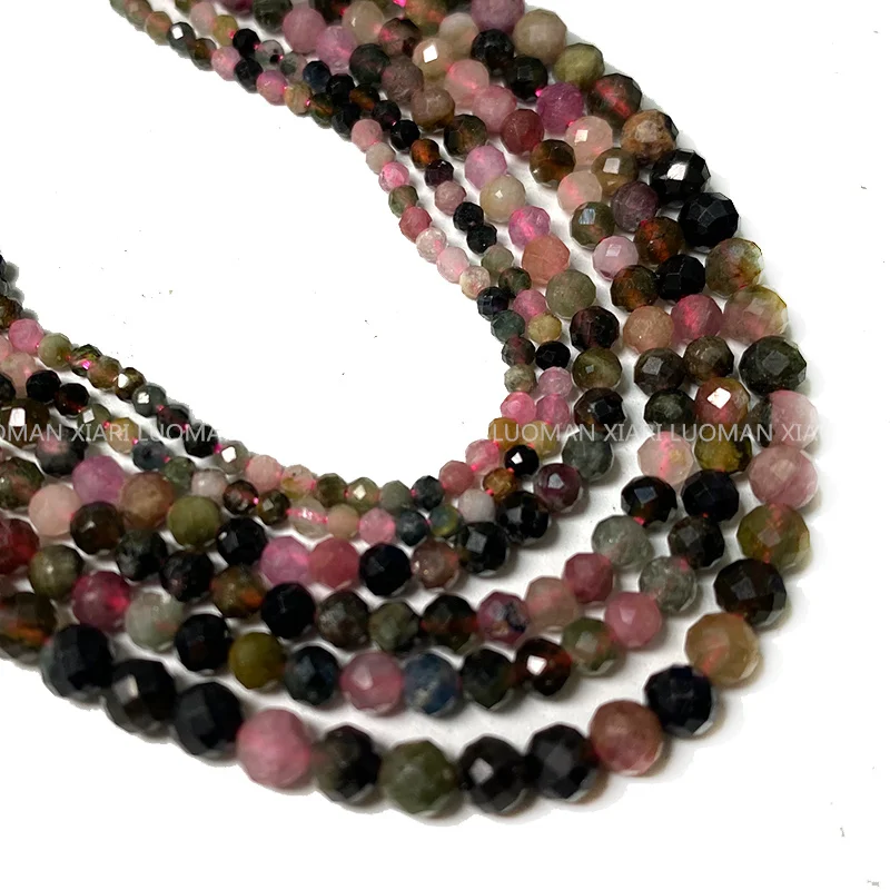 Fine 100% Natural Stone Beads Faceted Tourmaline Loose Round Gemstone  For Jewelry Making DIY Bracelet Necklace Charms 2-4mm 4