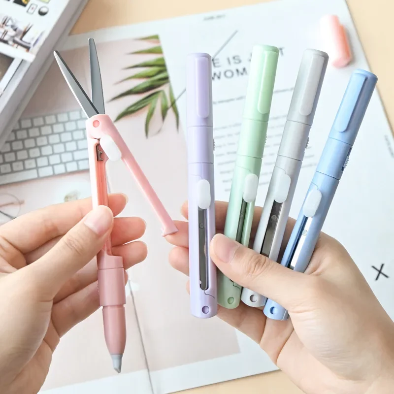 1pc 2 In 1 Mini Color Folding Scissor Pen Cutter Portable Size Safe Ceramic Pencutter Utility Knife for Paper Work Diary School