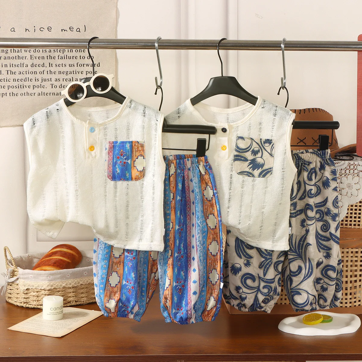 Korean Style Breathable Children's Sets Sleeveless Girls T-shirt Casual Calf Length Pants For Boys