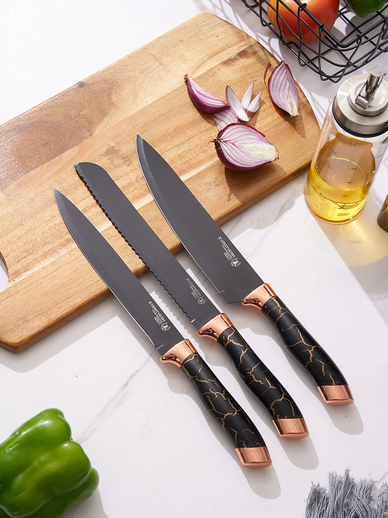 7pcs Kitchen Knife Sets Stainless Steel Chef Knife Bread Knife Marble Textured Handle Sets Tool Holder with Grinding Stone