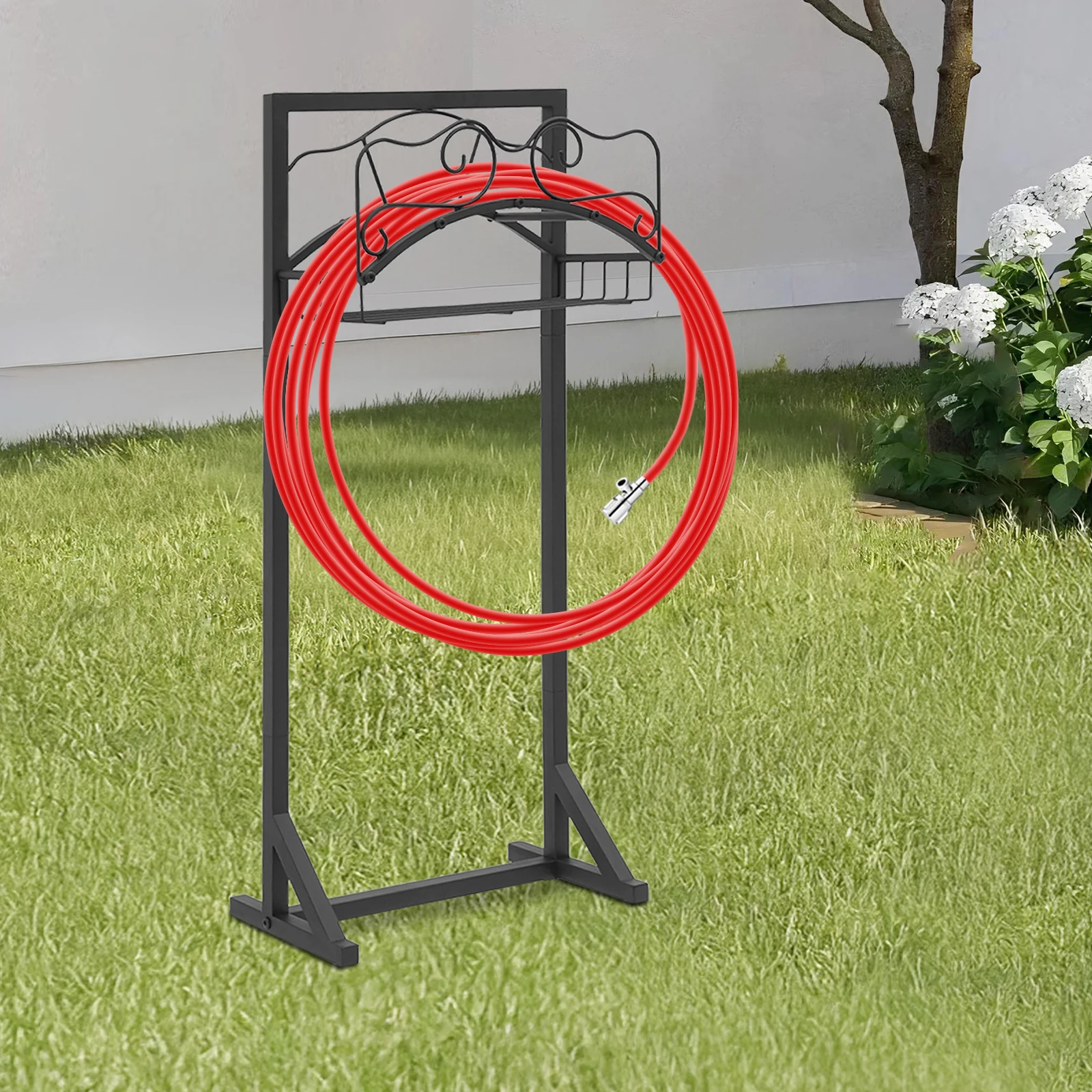 Schwarzer Gartenschlauchhalter aus Eisen, freistehender Schlauchständer, Gartenwasserschlauch-Aufbewahrungsständer für Gärten, Hinterhöfe, Rasen, Terrassen – Detail 18