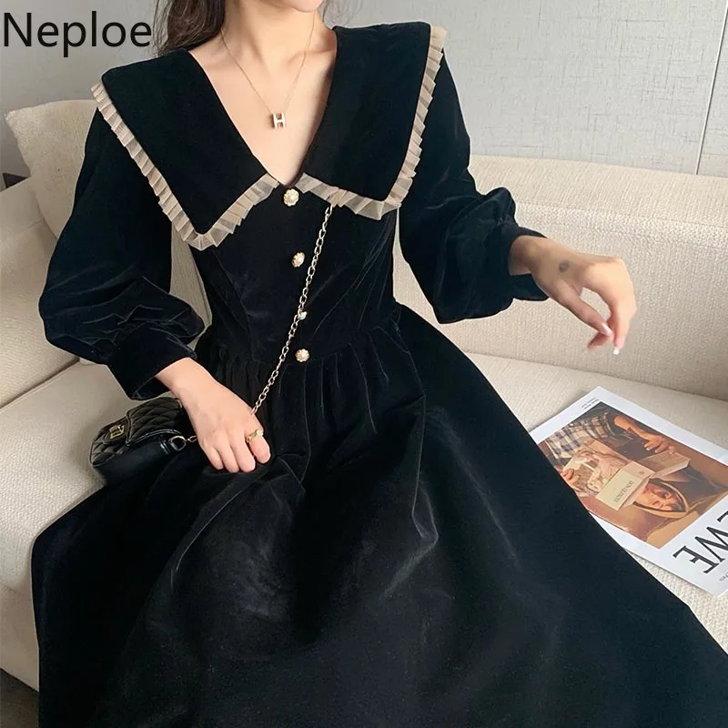 Woman Party Dresses Korean Vintage Velvet Black Dress Long Sleeve Robe