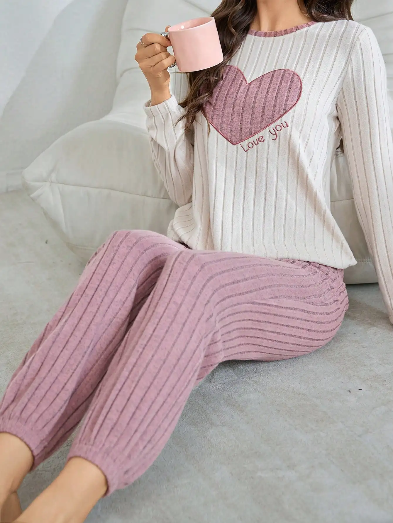2pcs Plush Heart Embroidered Lounge Set for Women, Cozy Autumn Winter Pajama Pants & Top