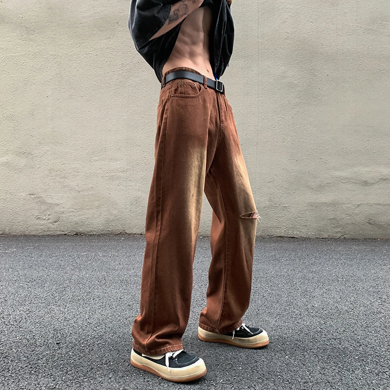 Hole Brown Jeans Men Fashion Retro 