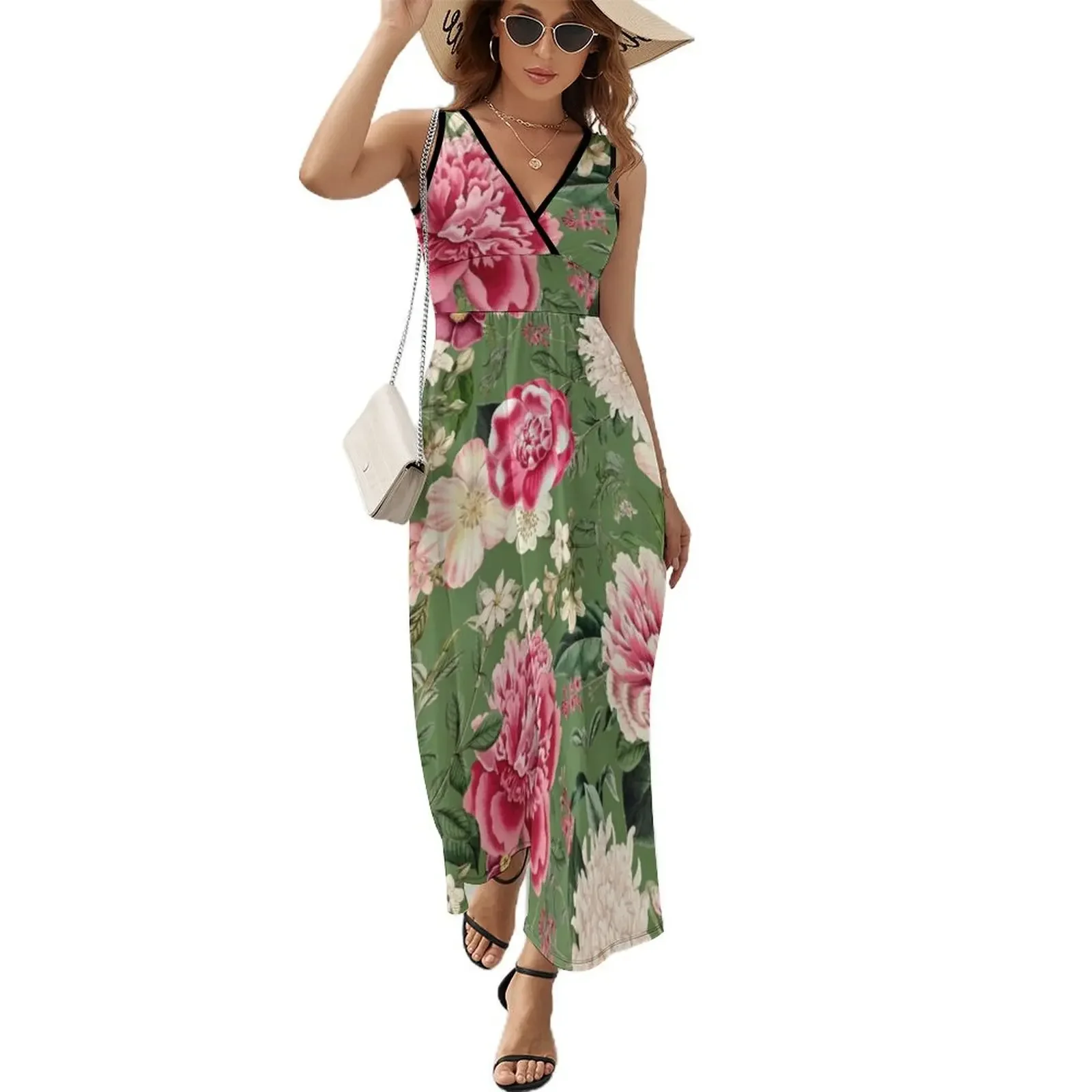 thumbnail image 1 of Vestido sin mangas con diseño de rosa inglesa y flores de jardín de estilo cottagecore, floral, verde, rosa y botánico., 1 of 8