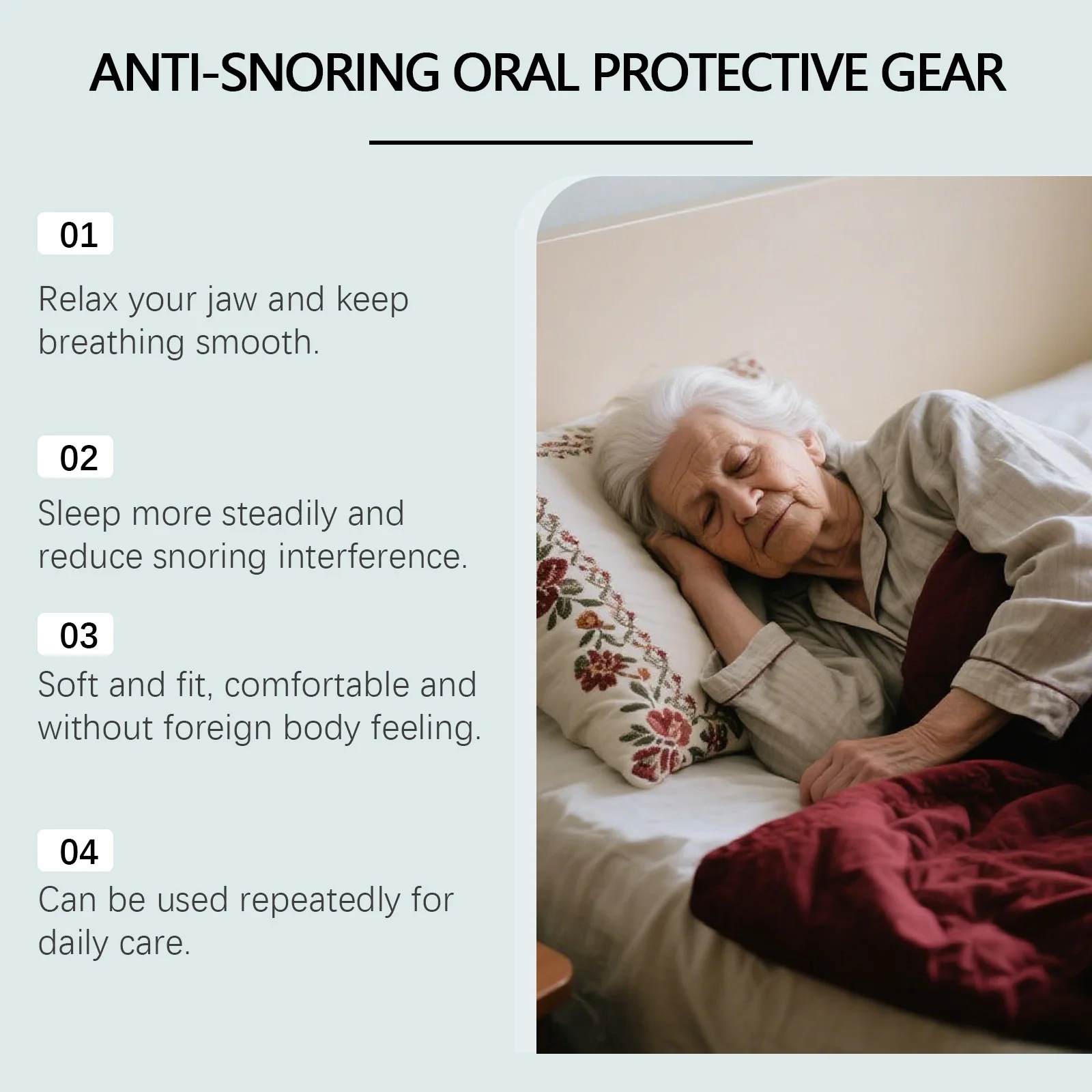 Sleep Care Mouthguard: A protective mouthguard that cares for nighttime sleep, eases snoring, and protects teeth.