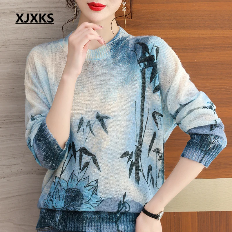 

XJXKS Loose Plus Size Women's Sweater 2022 Autumn And Winter Latest High-end Digital Printing Top Female Wool Knitted Pullover