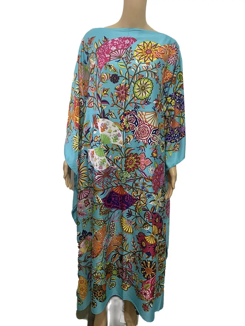 Popular Kuwait Printed мусульманская мода Silk Bohemian lady maxi dresses african dress women Plus size Summer Kaftan full dress 2021 summer dress women printed chiffon dresses v neck puff sleeve maxi dress single breasted large hem bohemian dresses