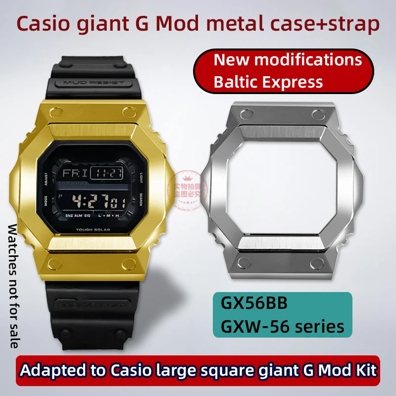 Gx-56 Custodia In Metallo + Cinturino Per G-Shock Giant G Gx-56Bb Bracciale Con Castone Casio Large Square Gxw-56 Mod Kit Argento Nero Oro Strap Tool
