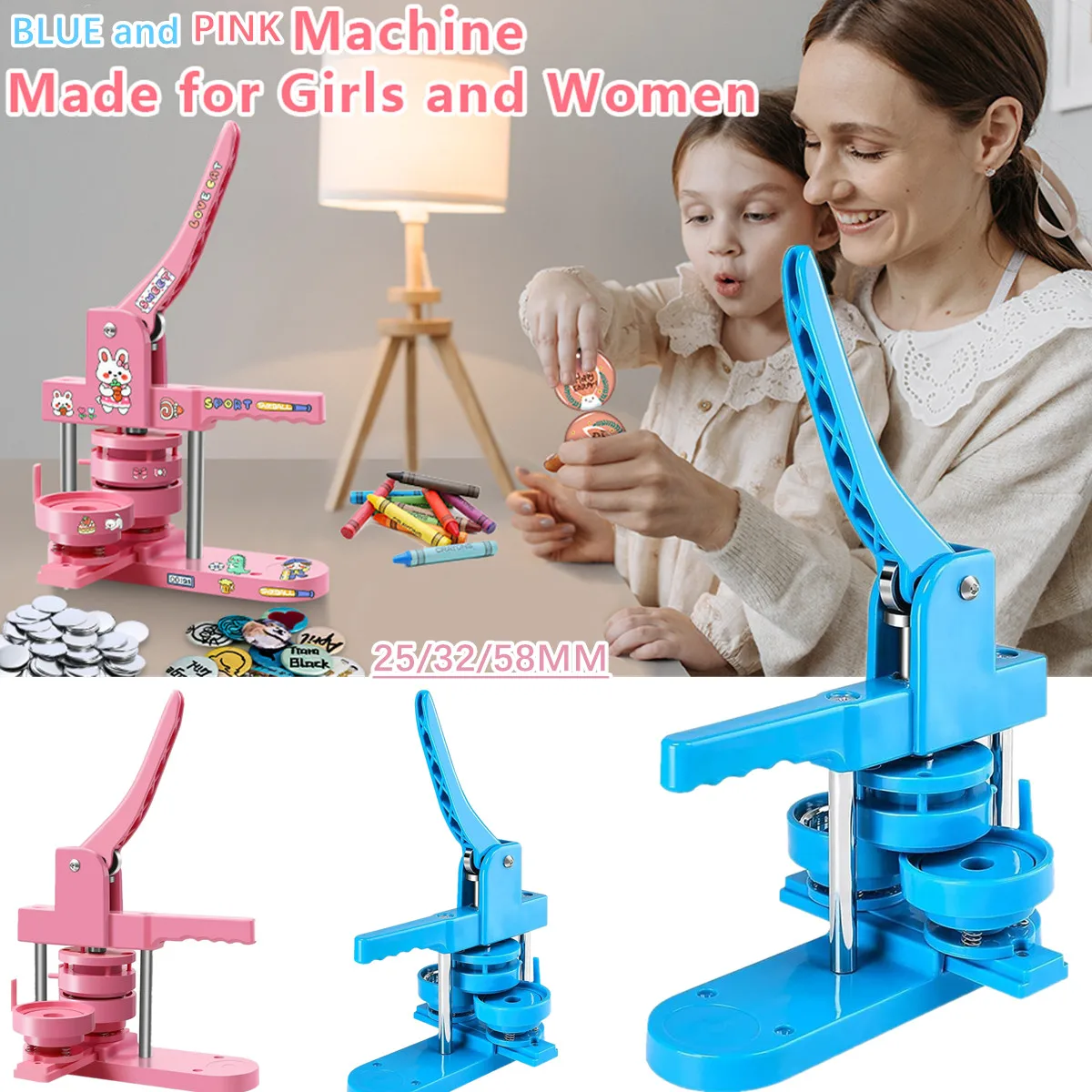 PINK and BLUE Badge Button Maker Machine, 25/32/58 MM Button Badges Making Machine for Art Handicrafts Badge Punch Press Machine