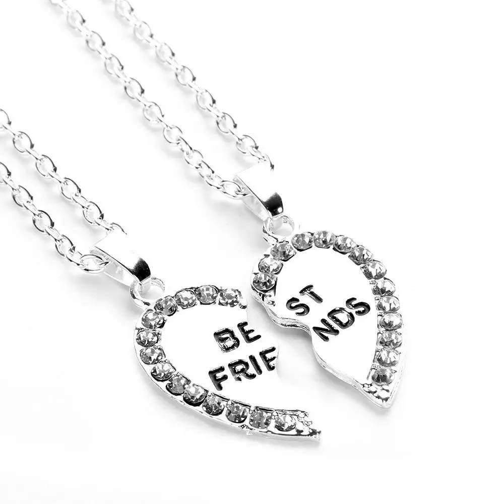 2PCS Fashion Rhinestone Silver/Gold Plated Heart Pendants Crytral Friendship Bff