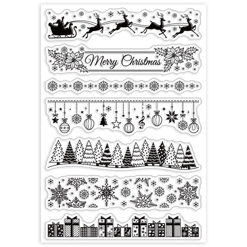 1 시트 크리스마스 레이스 클리어 스탬프 눈송이 선물 메리 크리스마스 트리 엘크 홀리 카드 제작을위한 투명 실리콘 스탬프