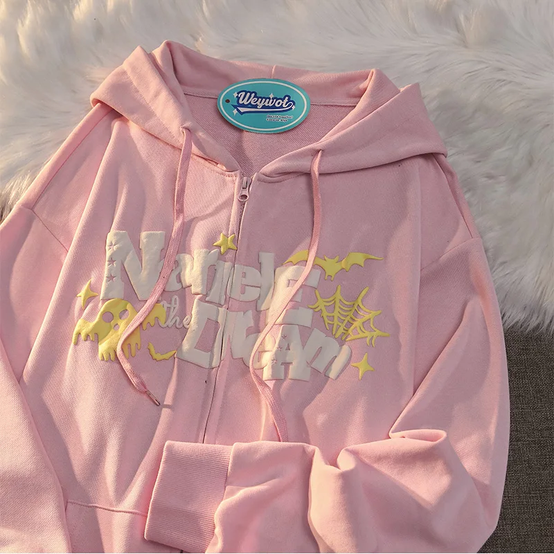 

Demon Letter Print Cardigan Sweatshirt Streetwear Casual Loose Women Hoodies Ins Cool Style Foam Design Couple Zip-up Jacket