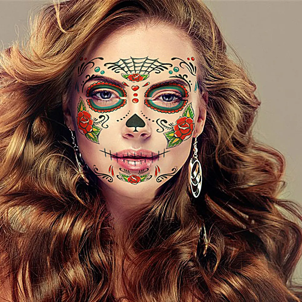 Waterproof Day of The Dead Face Dress Up Halloween Temporary Tattoo Stickers 2