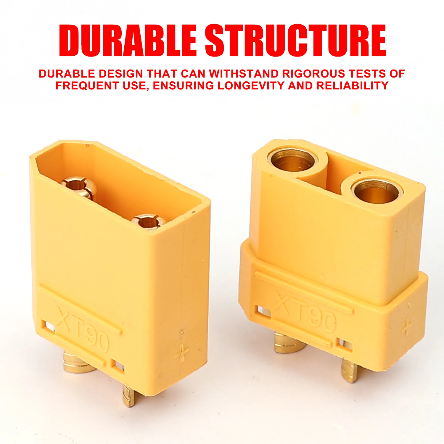 Lot de 5 connecteurs XT90 mâle et femelle pour batterie RC, disposés en rang.
