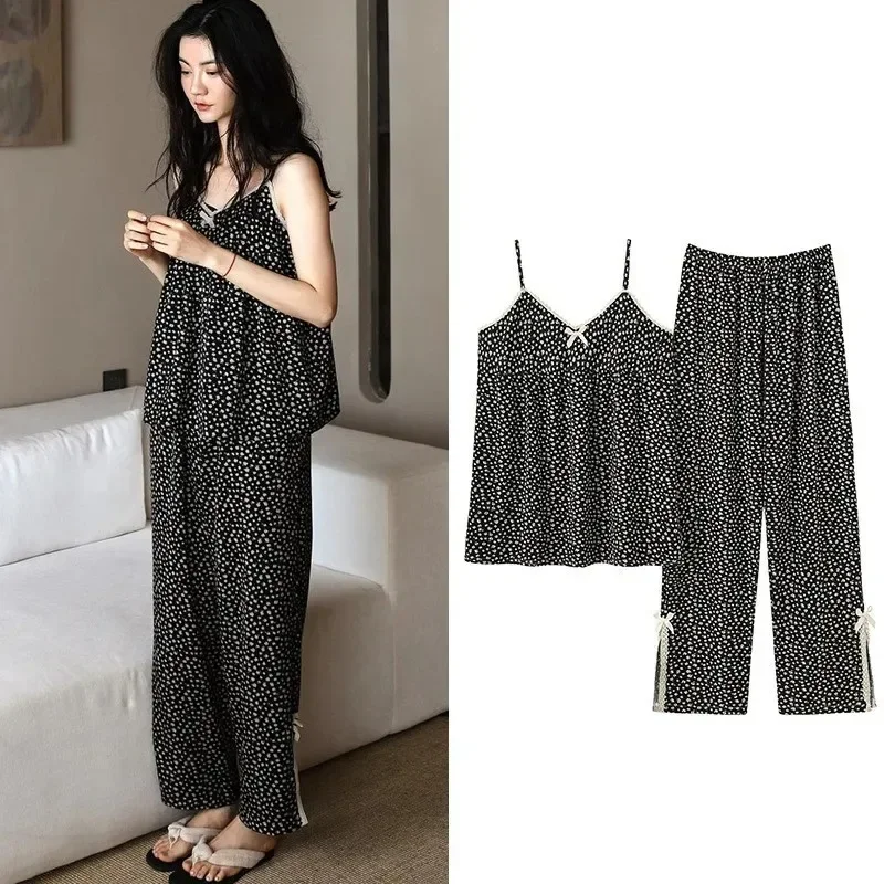 

Sexy Sleepwear Set Women's Summer Pajamas Thin Suspenders V Neck Shirt Pant Suit Small Floral Modal Home Clothes M-3XL
