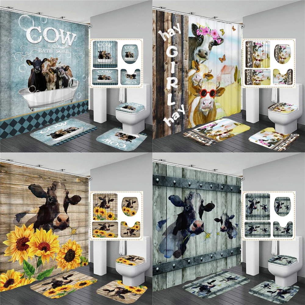 

Funny Creative Cow Rustic Shower Curtain Set Country Flower Farm Cute Animal Wooden Farmhouse Bathroom Set Decor Bath Rug Mat