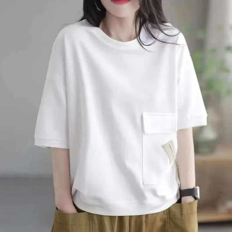 Women's T-shirt Short Sleeved Pure Cotton 2024 Summer New Korean Commuting Patchwork Loose Pocket Solid Round Neck Pullover Tops