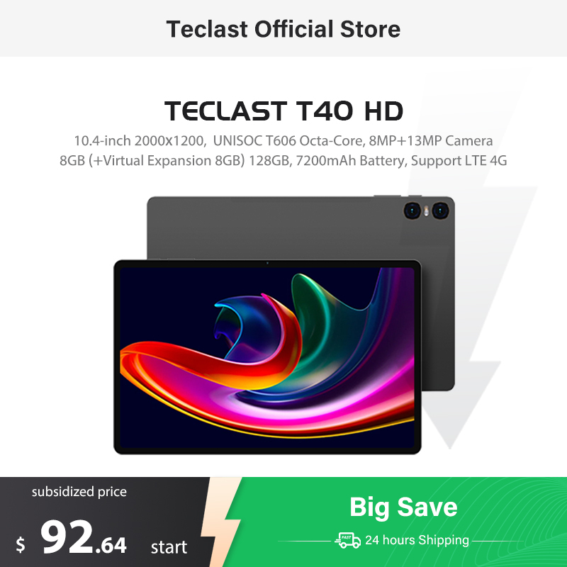 Teclast T40HD Tablet 10.4'' 2000x1200 FHD+ Display 8+8GB RAM 128GB ROM UNISOC T606 Octa Core Android 13 OS Widevine L1 Tablet 4G
