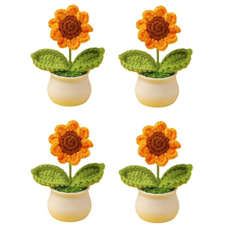 

4 шт. мини вязанные крючком подсолнухи горшечные растения, желтая шерсть + пластиковые искусственные цветы ручной работы для украшения автомобиля