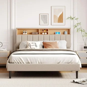 Bed frame bedroom furniture: headboard with storage and USB ports, full, grey modern upholstered platform bed