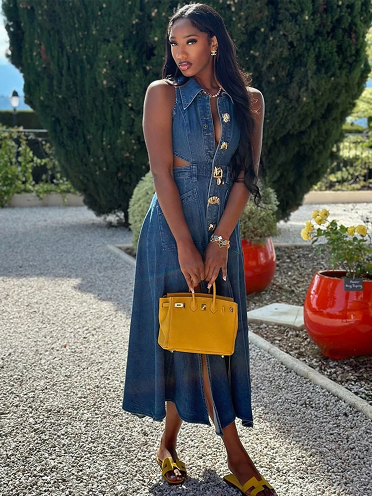 Denim Fashion One Piece Dress Skin Tight Denim Cutout Midi Dress